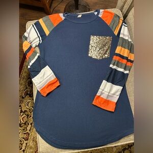 Shirley & Stone size Med orange and blue long sleeve tee